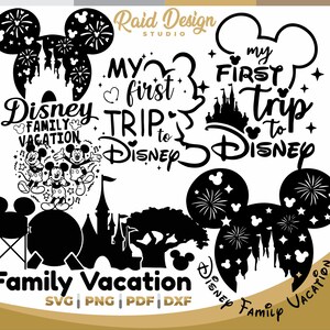 Puede incluir: Diseños gráficos en blanco y negro con temática de Disney. Incluye siluetas de Mickey Mouse con fuegos artificiales, castillo y texto: "My First Trip to Disney", "Disney Family Vacation", y opciones de tipo de archivo: SVG, PNG, PDF, DXF.