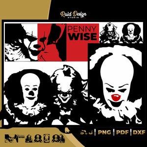 Palhaço Pennywise para imprimir, clipart de Halloween, ideias de silhueta para Halloween, design para imprimir camisetas, arte de linha de palhaço assustador, pacote svg