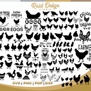 Puede incluir: Un conjunto de diseños digitales en blanco y negro con varias imágenes de pollos, huevos y texto relacionado con la granja. El conjunto incluye frases como "Farm Fresh", "Chicken Whisperer" y "Rise and Shine".