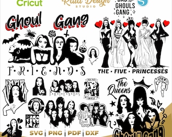 Coleção de svg de gangue Ghoul, as cinco princesas, garota de Halloween, ideias para camisetas de Halloween, svg de Morticia Adams, Vapira, a Noiva de Frankenstein