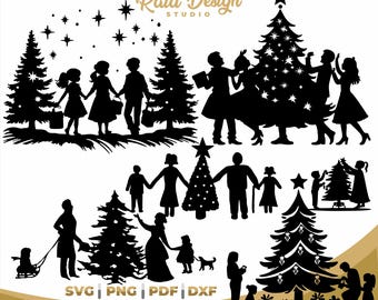Happy family on Christmas Eve, silhouette of family and children arranging the Christmas tree, children playing with Christmas tree