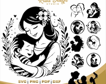 mother design in svg, mother and son svg, bundle mother svg, mother carrying her son clipart, mother and son dxf