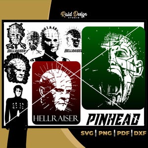 May include: Black and white digital illustration of a character from the horror movie Hellraiser. The character is known as Pinhead and has a head covered in pins. The image includes the text "Hellraiser" and "Pinhead".
