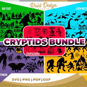 Puede incluir: Un paquete de descarga digital de 10 archivos de corte SVG de criaturas críptidas. El paquete incluye Bigfoot, Mothman, Chupacabra, el monstruo del Lago Ness y el hombre lobo. Las imágenes son en blanco y negro y tienen un estilo vintage.
