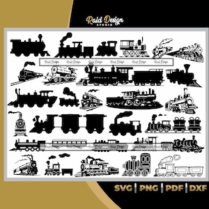 Puede incluir: Un conjunto de 20 imágenes en silueta en blanco y negro de locomotoras de vapor antiguas. Las imágenes son perfectas para proyectos de manualidades, scrapbooking y diseño digital.