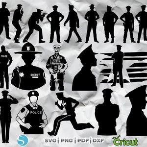Puede incluir: Un conjunto de 14 imágenes en silueta en blanco y negro de policías en varias poses. Las imágenes incluyen oficiales con armas, sombreros y placas. El texto "Police" y "Sheriff" se incluye en algunas de las imágenes.