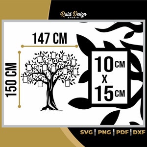 Puede incluir: Silueta en blanco y negro de un árbol genealógico con 10 marcos de fotos. El árbol mide 150 cm de alto y 147 cm de ancho. Cada marco de fotos mide 10 cm por 15 cm.