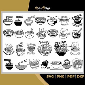 May include: A set of 20 black and white illustrations of ramen bowls, noodles, and other ramen-related designs. The illustrations include text such as "Ramen Party", "Ramen Enthusiast", and "Send Moods".