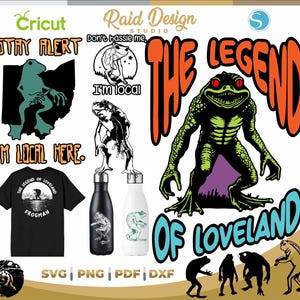 Puede incluir: Una colección de diseños digitales con el Loveland Frogman. Incluye una camiseta negra con un gráfico de hombre rana, botellas de agua y varias ilustraciones con temática de rana. El texto incluye "STAY ALERT", "I'M LOCAL HERE" y "THE LEGEND OF LOVELAND".
