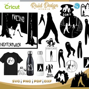 Puede incluir: Una colección de diseños en blanco y negro con temática de Nightcrawler. Incluye una camiseta negra, botellas de agua y varias ilustraciones gráficas de la figura de Nightcrawler. La palabra "Fresno" también es visible.