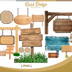 Puede incluir: Una colección de 14 letreros de madera en varias formas y tamaños, incluyendo un letrero redondo, letreros rectangulares y un letrero con marco de metal. Algunos letreros están colgados de cadenas, mientras que otros están montados en postes de madera. Los letreros están hechos de madera natural y tienen un aspecto rústico. También hay dos pequeños círculos de madera, un letrero azul con nieve en la parte superior y un pequeño parche de hierba verde.