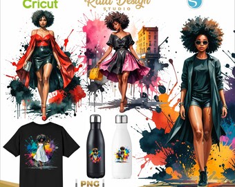 x7 Urban and elegant style, Afro woman, Black woman with beautiful dress, Afro woman in watercolor style, Woman with elegant style, PNG