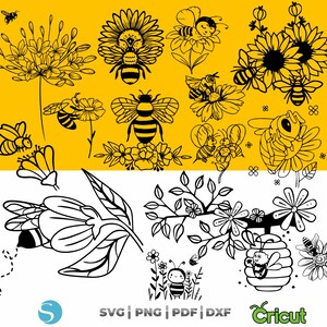 Puede incluir: Ilustraciones en blanco y negro de líneas de abejas y flores. Las abejas se muestran volando, sentadas en flores y dentro de un panal. Las flores incluyen girasoles, dientes de león y otras flores silvestres. El texto "SVG | PNG | PDF | DXF" y el logotipo de Cricut también se incluyen en la imagen.