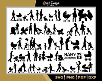 Parents and baby Strollers Silhouette Svg, Png, Dxf, Png, Ai
