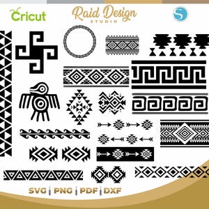 Puede incluir: Una colección de diseños gráficos digitales en blanco y negro que presentan varios patrones geométricos, bordes, flechas, un marco circular y una figura de ave estilizada. La imagen incluye el texto Cricut, Raid Design Studio, S, SVG, PNG, PDF y DXF.