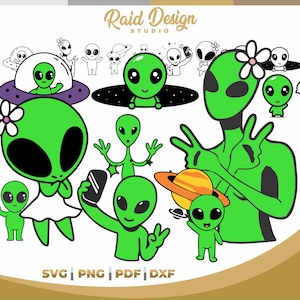 May include: A collection of green alien illustrations with large black eyes, some wearing flowers or taking selfies. The designs include a UFO, planet, and various poses. The text "Raid Design Studio" and file type options are also included.