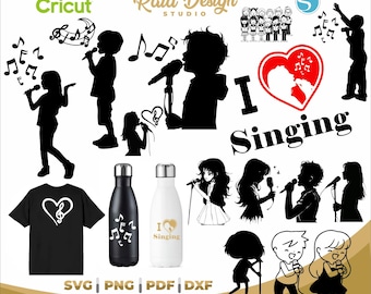 Silhouette of children singing, i love singing, cute children singing, cut files, singing girl design, musical notes svg, instant download