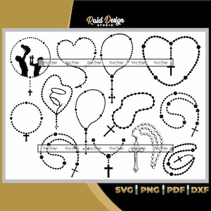 Puede incluir: Un conjunto de 12 archivos de corte SVG en blanco y negro que presentan diferentes diseños de rosarios. Los diseños incluyen una forma de corazón, un círculo y un rosario tradicional con una cruz.