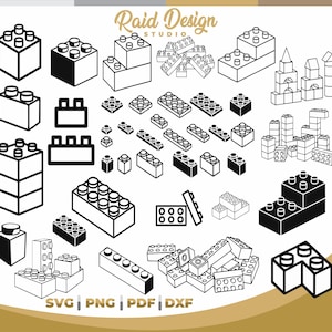 May include: A set of black and white vector illustrations of various building blocks. The illustrations include different shapes and sizes of blocks, as well as some assembled structures. The text "Raid Design Studio" is at the top of the image.