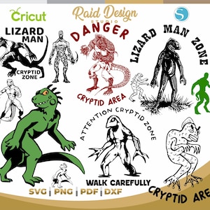 Puede incluir: Un diseño digital con ilustraciones de críptidos, incluyendo criaturas parecidas a lagartos y figuras humanoides. Los elementos de texto incluyen "Lizard Man", "Cryptid Zone" y "Danger". El diseño está disponible en formatos SVG, PNG, PDF y DXF.