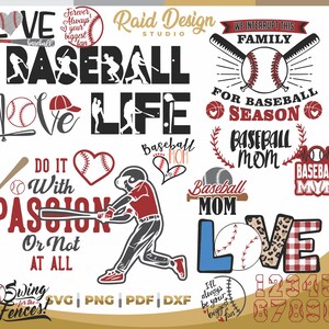 Puede incluir: Una colección de 12 diseños digitales con temática de béisbol que presentan varias frases e imágenes, incluyendo "Love Baseball", "Do It With Passion", "Baseball Mom" y "Swing for the Fences!" Los diseños son en rojo, negro, blanco y gris.