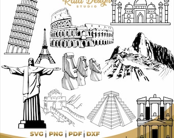 Wonders of the world svg, great wall of china, moai svg, eiffel tower svg, christ the redeemer svg, roman coliseum svg, machu picchu