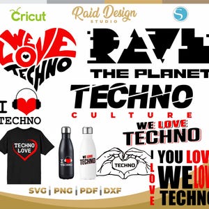Eu amo citações de techno, marca Rave the Planet SVG, nós amamos techno SVG, clipart de amor techno, designs de techno para camisetas, cultura techno