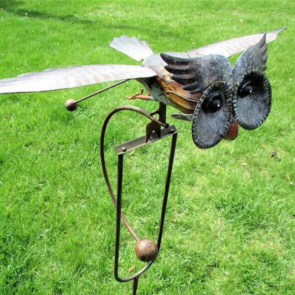 Kinetic Metal Brown Grey Owl/Yard Stake Rocking/Wind Spinner/Whirly-Gig Garden Art/Garden decoration/Easy to assemble/Home decor/Easter Gift