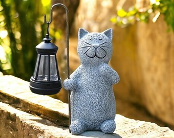 Cat Statue Garden Ornament with Solar Lantern Outdoor Cat Garden Ornament Garden Cat Sculpture, Garden Decoration, Outdoor Lamp