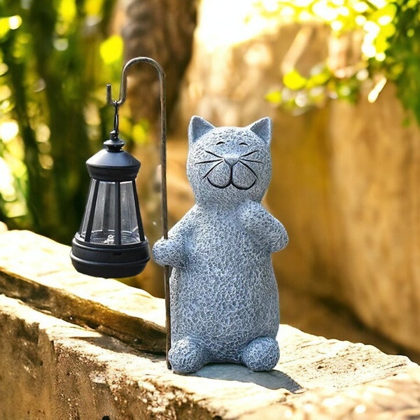 Cat Statue Garden Ornament with Solar Lantern Outdoor Cat Garden Ornament Garden Cat Sculpture, Garden Decoration, Outdoor Lamp