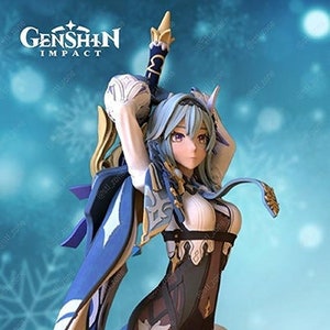 May include: A detailed figurine of a female character from Genshin Impact, featuring a white and black outfit with blue accents. The figure has blue hair and is holding a sword. The Genshin Impact logo is visible in the background.