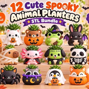 May include: A digital bundle of 12 cute spooky animal planters featuring various characters like a ghost cat, pumpkin bear, frog witch, bat bunny, mummy capybara, axolotl vampire, Frankenstein dog, skeleton panda, spider, raccoon, penguin, and fox.