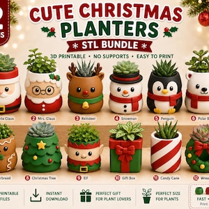 May include: A digital bundle of 12 3D printable Christmas planter designs featuring characters like Santa Claus, Mrs. Claus, a reindeer, snowman, penguin, polar bear, gingerbread person, Christmas tree, elf, gift box, candy cane, and wreath.