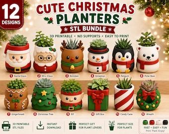 12 Christmas Planter STL Bundle, Holiday Character 3D Print Files