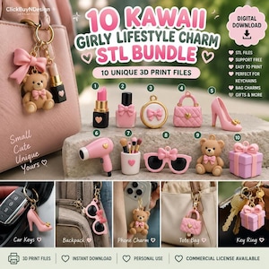 Bag Charm STL Bundle, 10 Kawaii 3D Print Files for Keychains