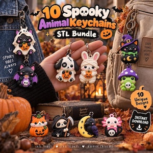 May include: A digital bundle of 10 spooky animal keychains featuring characters like a cat in a ghost sheet, a bat, a dog, a mummy rabbit, a cat in a witch hat, a frog with a mushroom, a fox in a pumpkin, a grim reaper, a crow, and an axolotl.