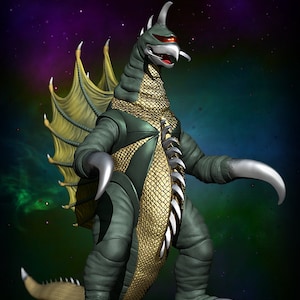 Könnte beinhalten: Ein grünes und goldenes Monster mit einem großen, stacheligen Kopf und Flügeln. Das Monster hat rote Augen und einen scharfen, spitzen Mund. Das Monster steht auf einem dunklen Hintergrund mit Sternen.