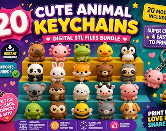 Digital Keychain Bundle with 20 Animal STL Files for 3D Printing