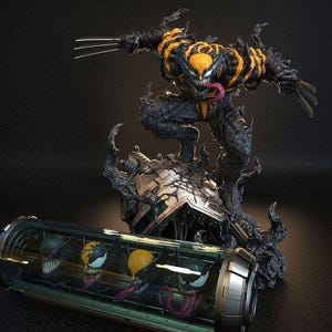 May include: A black and yellow Venomized Wolverine action figure with a black and silver base. The figure is posed in a dynamic action pose with claws extended. The figure is holding a clear tube containing four smaller Venomized Wolverine figures.