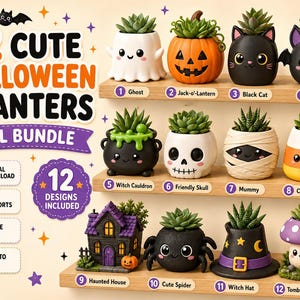 May include: A collection of 12 Halloween-themed planters featuring designs like a ghost, jack-o'-lantern, black cat, bat, witch cauldron, skull, mummy, candy corn, haunted house, spider, witch hat, and tombstone mushroom, all holding small succulents.