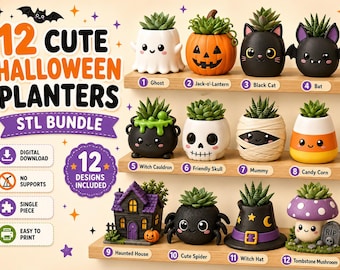 12 Halloween Planter STL Files, Ghost Pumpkin Cat 3D Print Bundle, Digital Download