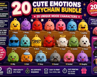 20 Emotions Digital Keychain Bundle, Mood Characters for 3D Printing