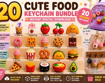 Kawaii Keychain STL Files Bundle, 20 Food Designs for 3D Printing
