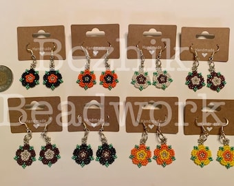 Bezhik Beadwork Flower Dangle Earrings: Seed Bead and Hypoallergenic Hooks, Indigenous Made
