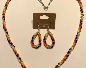 Indigenous Made Beaded Twisted Rope Necklace & Earrings Set, Fire Colours Beaded Jewellery Set