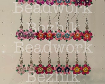 Bezhik Beadwork Flower Dangle Earrings: Sterling Silver Hooks, Indigenous Made