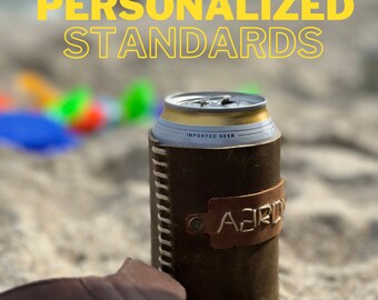 Personalized Leather Drink Holder | Fits Standard Size Cans,  White claw , pints glasses, Bottles  | Anniversary | Mother's Day Gift