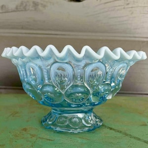 LE Smith Ice Blue Opalescent Moon & Stars Pedestal Bowl 8” Rare Vintage