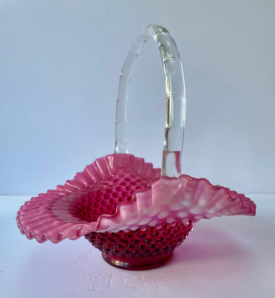 Fenton Cranberry Opalescent Hobnail 10” Basket - Vintage - Pink/red ...