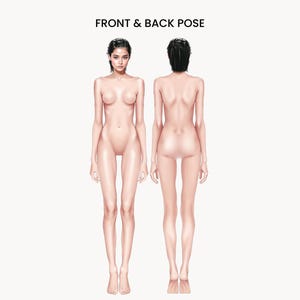 May include: A digital illustration showing a front and back pose of a human figure with short dark hair. The text FRONT & BACK POSE is displayed at the top center. The figure has a light skin tone and is depicted in a standing position.